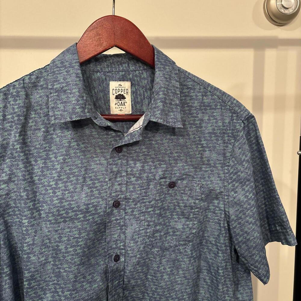 Copper & Oak Men’s Short Sleeve Button-Up Shirt Blue Green Pattern Medium